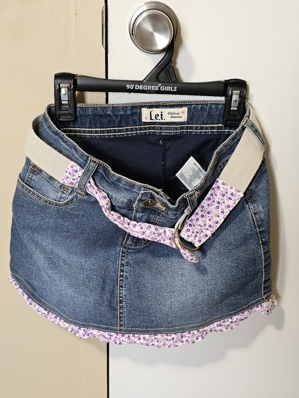 LEI Chelsea Low Rise Denim / Blue Jean Skirt Size 12 Girls Ruffle Accent & Belt